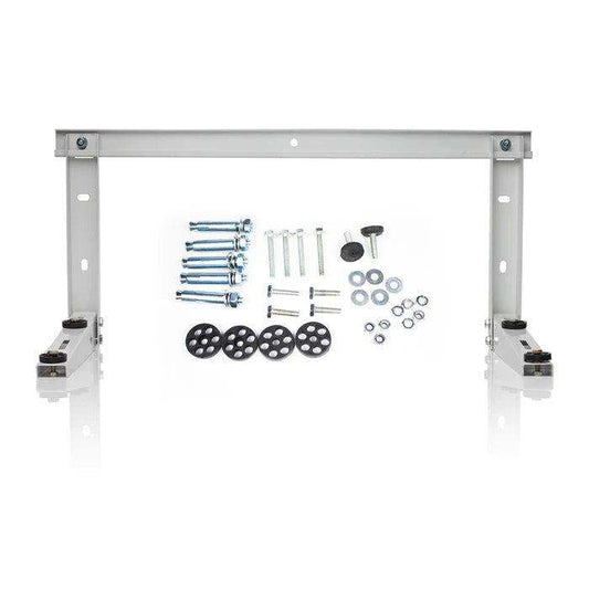 A disassembled table frame with mounting hardware, adjustable feet, and an MRCOOL DIY Direct air conditioner laid out on a white background.