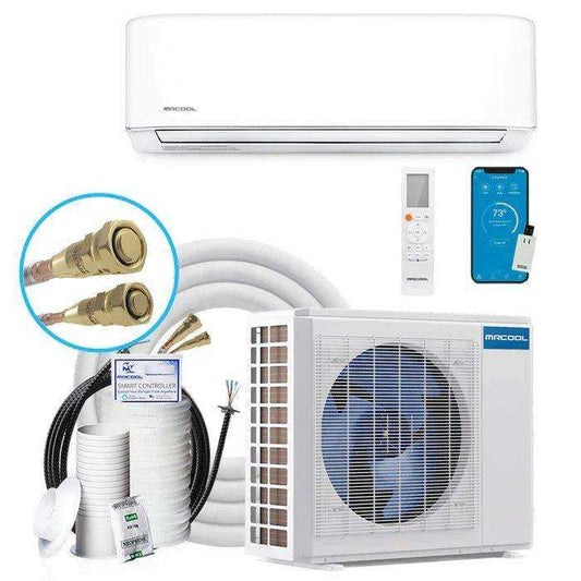 An air conditioning system, specifically a 4th Gen DIY 12K BTU ductless mini-split heat pump, with indoor and outdoor units, a remote control, connecting pipes, and a smartphone demonstrating smart control.
