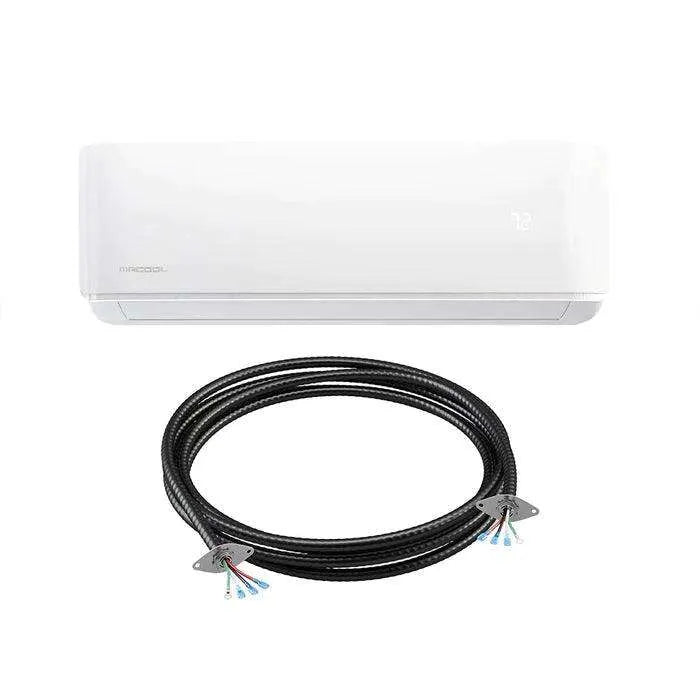 A white wall-mounted Scratch and Dent DIY 4th Gen 12K BTU, 1 Ton, 22 SEER, Ductless Mini-Split Heat Pump above a black braided cable with metal tips.