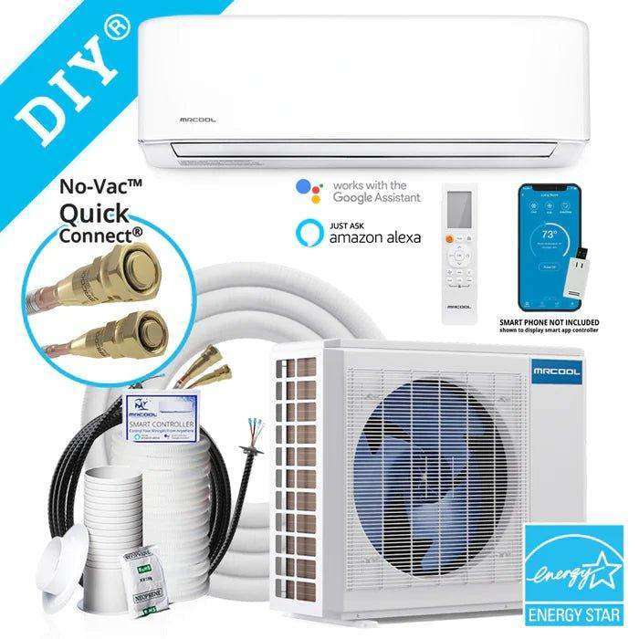 This image features a 4th Gen DIY MRCOOL DIY 4th Gen 18K BTU Ductless Mini-Split Heat Pump, 1.5 Ton, 22 SEER, w/ Wall Mount & 25 Ft. Line Set (DIY-18-HP-WM-230C25). It includes an indoor wall-mounted unit, an outdoor unit, installation accessories like No-Vac Quick Connect lines, a remote control, and a thermostat compatible with Google Assistant and Amazon Alexa. The Energy Star logo is present.