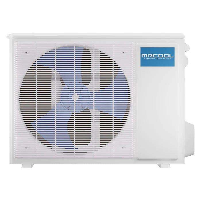 A white 4th Gen DIY MRCOOL DIY 4th Gen 18K BTU Ductless Mini-Split Heat Pump, 1.5 Ton, 22 SEER, w/ Wall Mount & 25 Ft. Line Set (DIY-18-HP-WM-230C25) with a large circular fan visible through the front grill and a blue company logo on the top right side. The sleek, rectangular design features black fan blades and boasts an impressive 22 SEER rating as part of its ductless mini-split heat pump system.