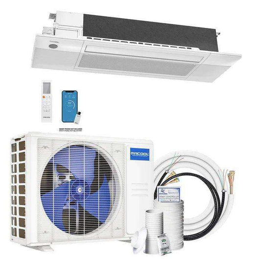 Various components of a 4th Gen DIY ductless mini-split heat pump system, including an outdoor condenser unit, an indoor ceiling cassette, remote control devices, and installation accessories