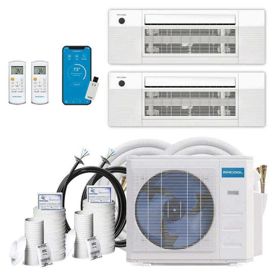 MRCOOL DIY 4th Gen 2-Zone 18,000 BTU 21 SEER (9K + 12K) Ductless Mini Split AC and Heat Pump with Ceiling Cassettes - 230V system with multiple indoor units, remote controls, a smartphone for smart control, and accessories for installation.