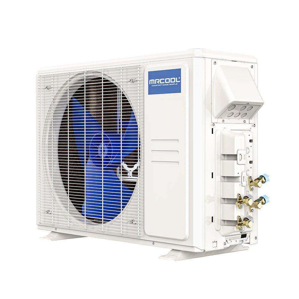 A standalone outdoor unit of a MRCOOL DIY 4th Gen 2-Zone 18,000 BTU 21 SEER (9K + 12K) Ductless Mini Split AC and Heat Pump with Ceiling Cassettes - 230V air conditioner.