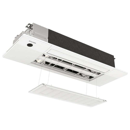 Modern MRCOOL ductless multi-zone ceiling cassette air conditioning and heating unit with open panels revealing internal components.