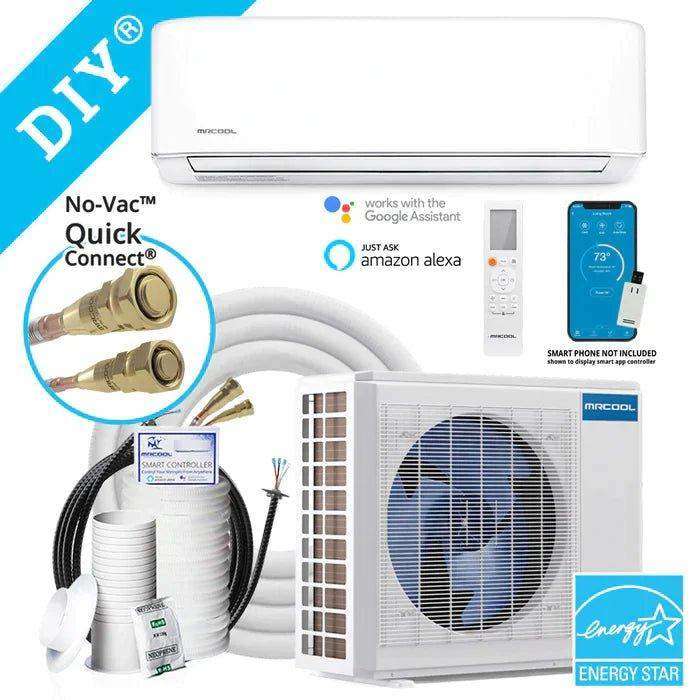 An advertisement for a 4th Gen DIY 24K BTU ductless mini-split heat pump air conditioner with accessories, highlighting its compatibility with Google Assistant and Amazon Alexa, and its Energy Star certification.