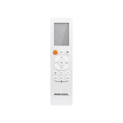 A white Scratch and Dent MRCOOL DIY 4th Gen 24K BTU remote control with a display screen, featuring buttons for mode, settings, and power below it. The buttons are labeled and the logo is at the bottom.