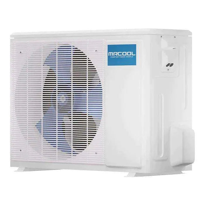 A white Scratch and Dent MRCOOL DIY 4th Gen 24K BTU branded outdoor air conditioning unit with a large fan covered by blue protective grills on one side.