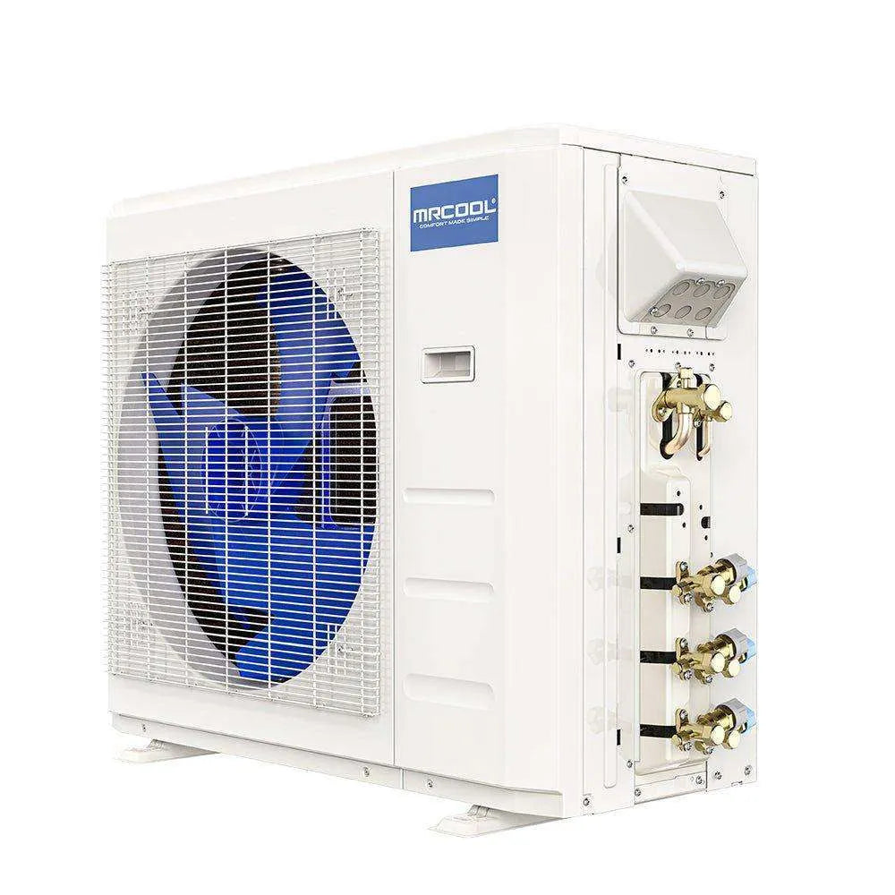 A modern MRCOOL brand mini split AC unit, showcasing its exterior housing with a large fan, vents, and visible control panel with piping connections.