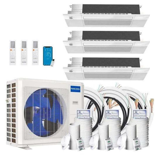 A set of MRCOOL DIY 4th Gen 3-Zone 36,000 BTU 22 SEER (12K + 12K + 18K) Ductless Mini Split AC and Heat Pump with Ceiling Cassettes - 230V units with multiple indoor air handlers, remote controls, and installation cables and tubing.