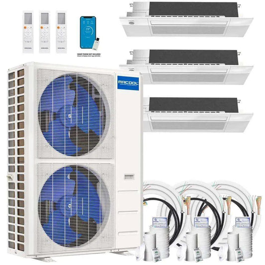 A MRCOOL DIY 4th Gen 3-Zone 48,000 BTU 21 SEER (12K + 18K + 18K) Ductless Mini Split AC and Heat Pump with Ceiling Cassettes - 230V heating and cooling system with several indoor units and a large outdoor compressor.