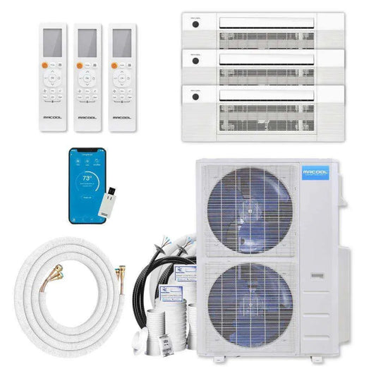 A set of MRCOOL DIY 4th Gen 3-Zone 48,000 BTU 22 SEER (12K + 12K + 18K) Ductless Mini Split AC and Heat Pump with Ceiling Cassettes - 230V units and accessories, featuring two wall-mounted indoor units with their remote controls, an outdoor compressor unit with a blue fan design, and various installation components such as hoses and electrical connections.