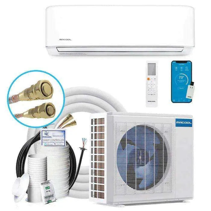 An image displaying components of a Scratch & Dent DIY 4th Gen 36K BTU Ductless Mini-Split Heat Pump Complete System, including the indoor unit, outdoor unit, remote control, and connectivity.