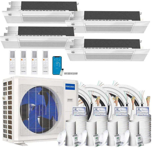 A set of MRCOOL DIY 4th Gen 4-Zone 36,000 BTU 22 SEER (9K + 9K + 9K + 9K) Ductless Mini Split AC and Heat Pump with Ceiling Cassettes - 230V systems with multiple indoor units and a single outdoor unit, including remote controls and connecting line sets.