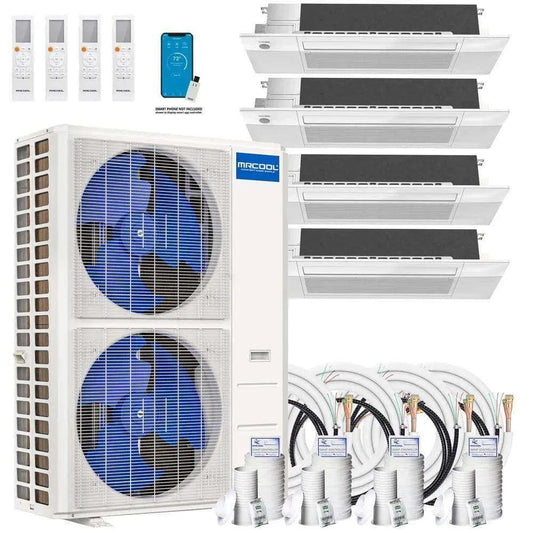 A complete MRCOOL DIY 4th Gen 4-Zone 48,000 BTU 21 SEER (12K + 12K + 12K + 12K) Ductless Mini Split AC and Heat Pump with Ceiling Cassettes - 230V, featuring installation kits and a remote control for climate management in multiple rooms.