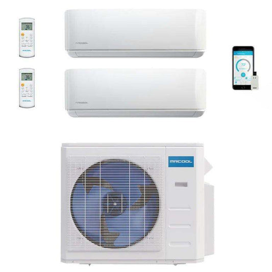 Split-type air conditioner with two interior units, remote controls, and a smartphone app for temperature control, alongside an external compressor unit - MRCOOL DIY Mini Split - 18,000 BTU 2 Zone Ductless Air Conditioner and Heat Pump from MRCOOL DIY Direct.