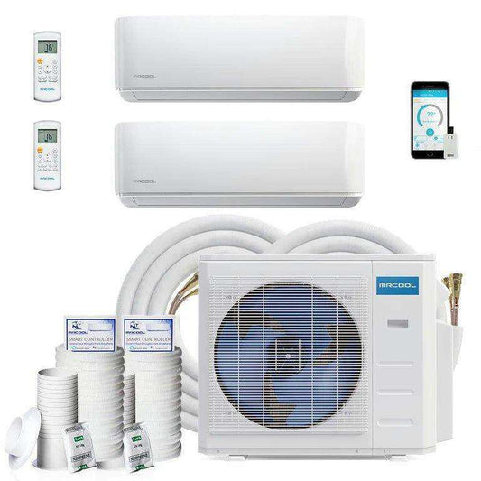 MRCOOL DIY Direct DIY Mini Split - 21,000 BTU 2 Zone Ductless Air Conditioner and Heat Pump with indoor units, remote controls, outdoor compressor, and installation accessories.