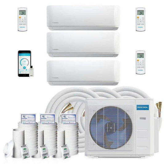 A complete MRCOOL DIY Direct mini split HVAC system with multiple indoor units, remote controls, a central outdoor unit, and connecting line sets, suggesting a multi-zone cooling solution that can be controlled via smartphone.