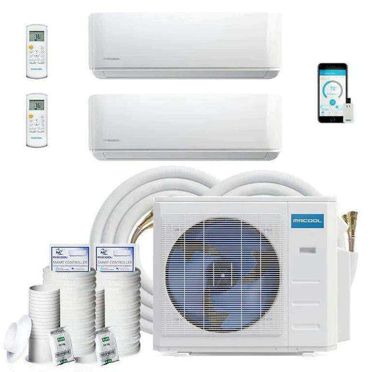 A MRCOOL DIY Mini Split - 33,000 BTU 2 Zone Ductless Air Conditioner and Heat Pump with 16 ft. Install Kit, DIYM236HPW00C00 system with an external compressor unit and two internal air handling units, complete with remote controls and a mobile phone app for smart operation.