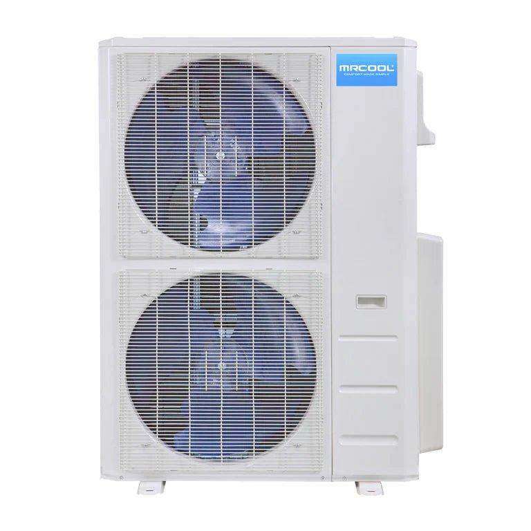 Mr cool-branded MRCOOL DIY Mini Split - 48,000 BTU 2 Zone Ductless Air Conditioner and Heat Pump with 16 ft. Install Kit, DIYM248HPW01C00 and furnace outdoor unit with a dual fan design.
