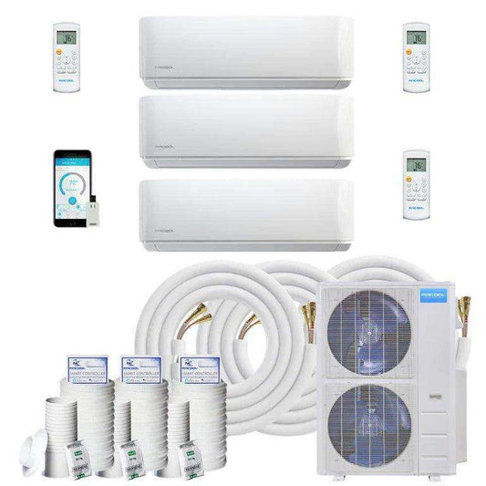 A set of MRCOOL DIY Direct Mini Split - 48,000 BTU 3 Zone Ductless Air Conditioner and Heat Pump units with four indoor evaporators, associated remote controls, and two outdoor condenser units, along with copper piping for installation and a smartphone indicating app connectivity features.
