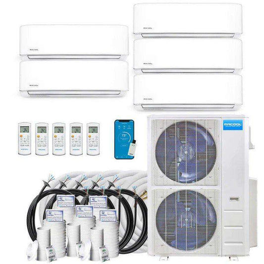 A complete set of a MRCOOL DIY Mini Split - 48,000 BTU 5 Zone Ductless Air Conditioner and Heat Pump with Install Kit by MRCOOL DIY Direct, including multiple indoor units, remote controls, outdoor condenser units, and installation accessories.