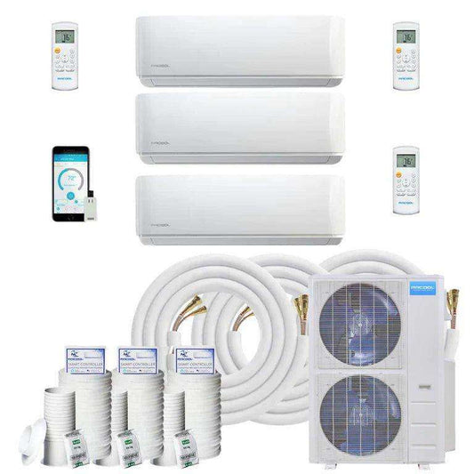 A MRCOOL DIY Mini Split - 54,000 BTU 3 Zone Ductless Air Conditioner and Heat Pump with Install Kit system with multiple indoor units, corresponding remote controls, an outdoor compressor unit, smart device control application, and installation accessories including tubing and wiring.