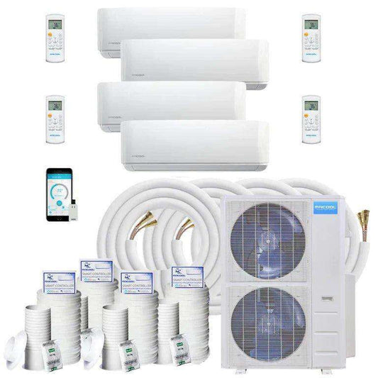 Multiple MRCOOL DIY Mini Split - 54,000 BTU 4 Zone Ductless Air Conditioner and Heat Pump with Install Kits displayed against a white background.