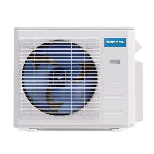 An image of a white 4th Gen DIY Multi ductless heat pump outdoor unit with a large circular fan visible through a protective grille, mounted next to electronic controls.