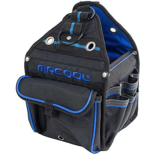 A sturdy black and blue MRCOOL DIY Tool Bag with the logo "mr. cool" prominently displayed, featuring multiple pockets for organized storage and easy access to heating, cooling, and HVAC tools.