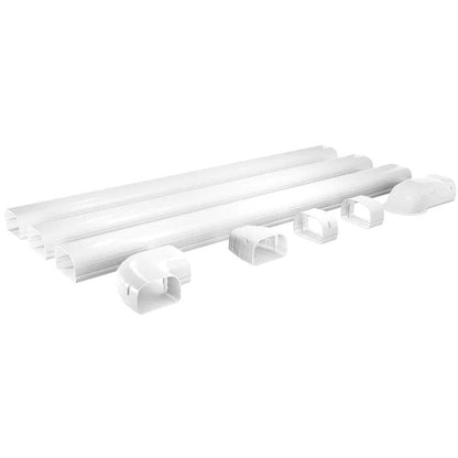A set of white MRCOOL DIY Direct LineGuard 4.5-Inch 16-Piece Complete Line Set Cover Kit for Ductless Mini-Split or Central System (MLG450) management channels with various connectors on a white background.