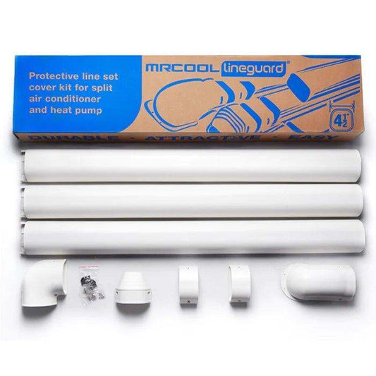 A MRCOOL LineGuard 4.5-Inch 16-Piece Complete Line Set Cover Kit for Ductless Mini-Split or Central System (MLG450) from MRCOOL DIY Direct, including various sizes of tubing, joints, and additional installation accessories, neatly displayed next to its packaging box.