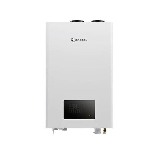 A modern MRCOOL Liquid Propane Tankless Water Heater with a digital display panel and heating and cooling near me.
