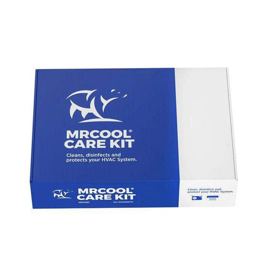 A blue and white "MRCOOL® Mini Split Cleaning Care Kit (MMCK01)" box with text that states it cleans, disinfects, and protects your ac and furnace system.