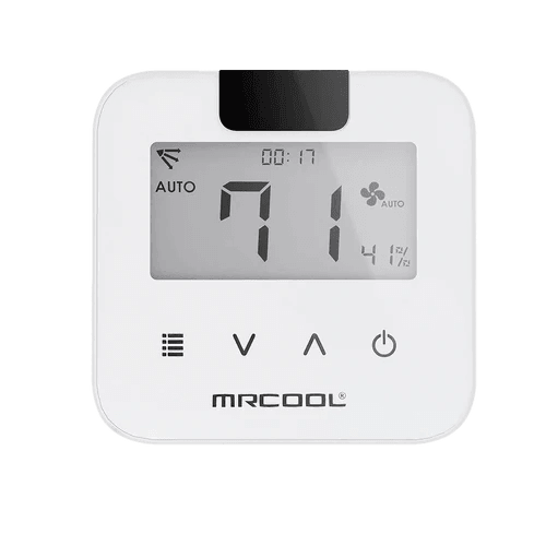 MrCool Mini Stat IR Thermostat for Ductless Mini Split - 2nd Gen - White displaying a temperature of 71 degrees with an automatic setting engaged for heating and cooling near me.