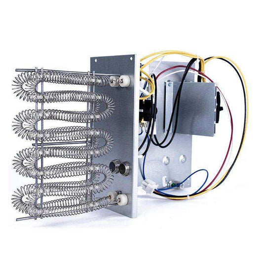 An MRCOOL DIY Direct industrial electric heating element with a thermostat and wiring, typically used in HVAC systems or large appliances.