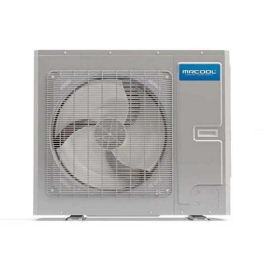An air conditioning unit Universal Series featuring a large central fan surrounded by a metal grill, set in a sturdy gray casing with a 20 SEER rating.