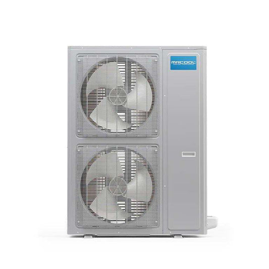A Universal Series brand Universal Series 4 or 5 Ton DC Inverter Cooling-Only Condenser unit featuring a tall, vertical design with two large fans in a metallic grid enclosure, isolated on a white background.
