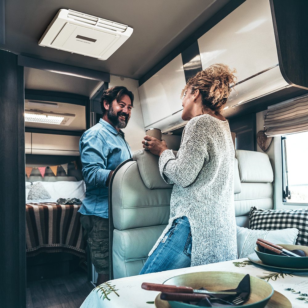 TravelCool ductless ceiling assembly installed inside an RV