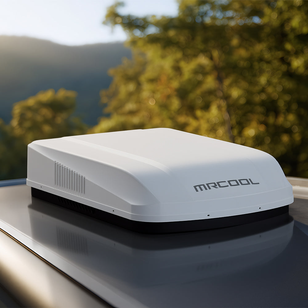 White MRCOOL TravelCool rooftop unit installed on an RV